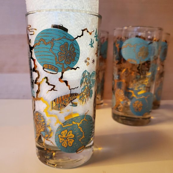 Set of 4 Vtg Dominion MCM Highball Tumbler Asian Turquoise Gold Drinking Glasses - Picture 6 of 15